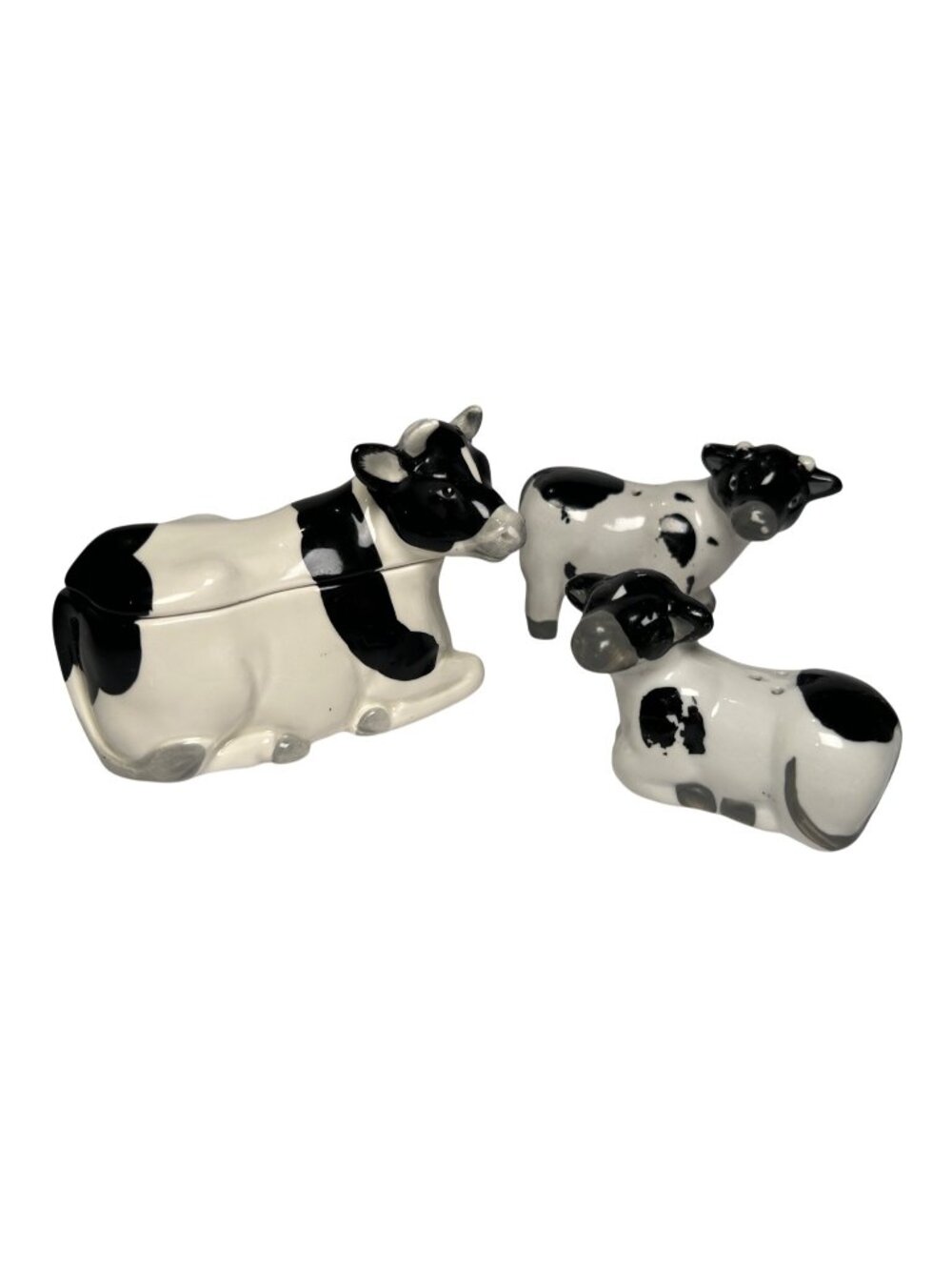 VTG Cow Themed Ceramic Dish & Salt Pepper Shakers Set Farmhouse Kitchen Cottage